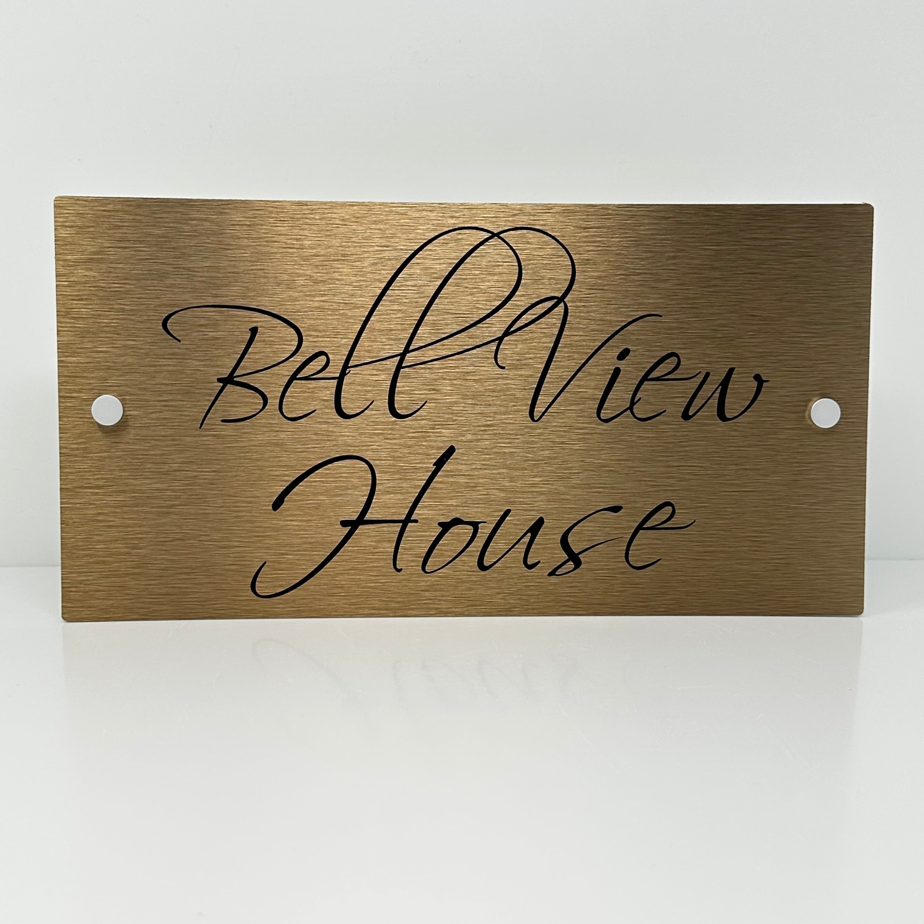 The Bell View Modern House Sign with a Brushed Brass Panel and Satin Silver Stand Off Fixings ( Size - 35cm x 18cm )