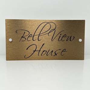 The Bell View Modern House Sign with a Brushed Brass Panel and Satin Silver Stand Off Fixings ( Size - 35cm x 18cm )