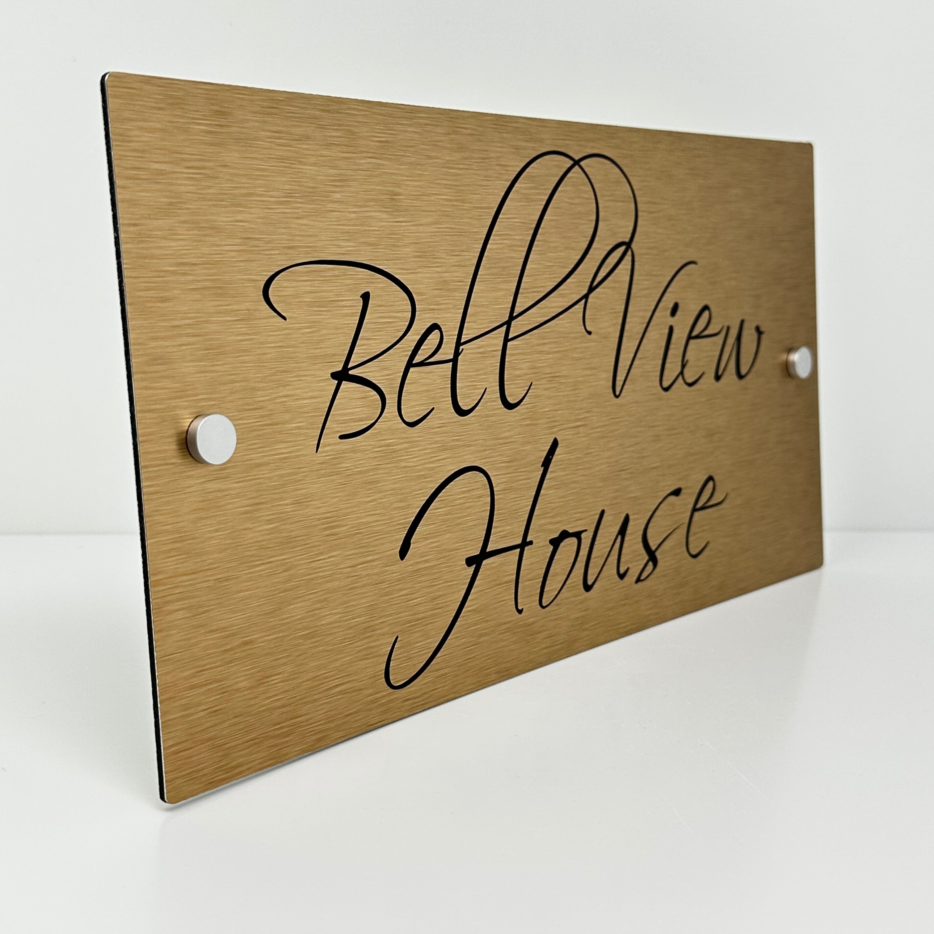 The Bell View Modern House Sign with a Brushed Brass Panel and Satin Silver Stand Off Fixings ( Size - 35cm x 18cm )