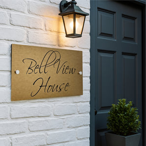 The Bell View Modern House Sign with a Brushed Brass Panel and Satin Silver Stand Off Fixings ( Size - 35cm x 18cm )