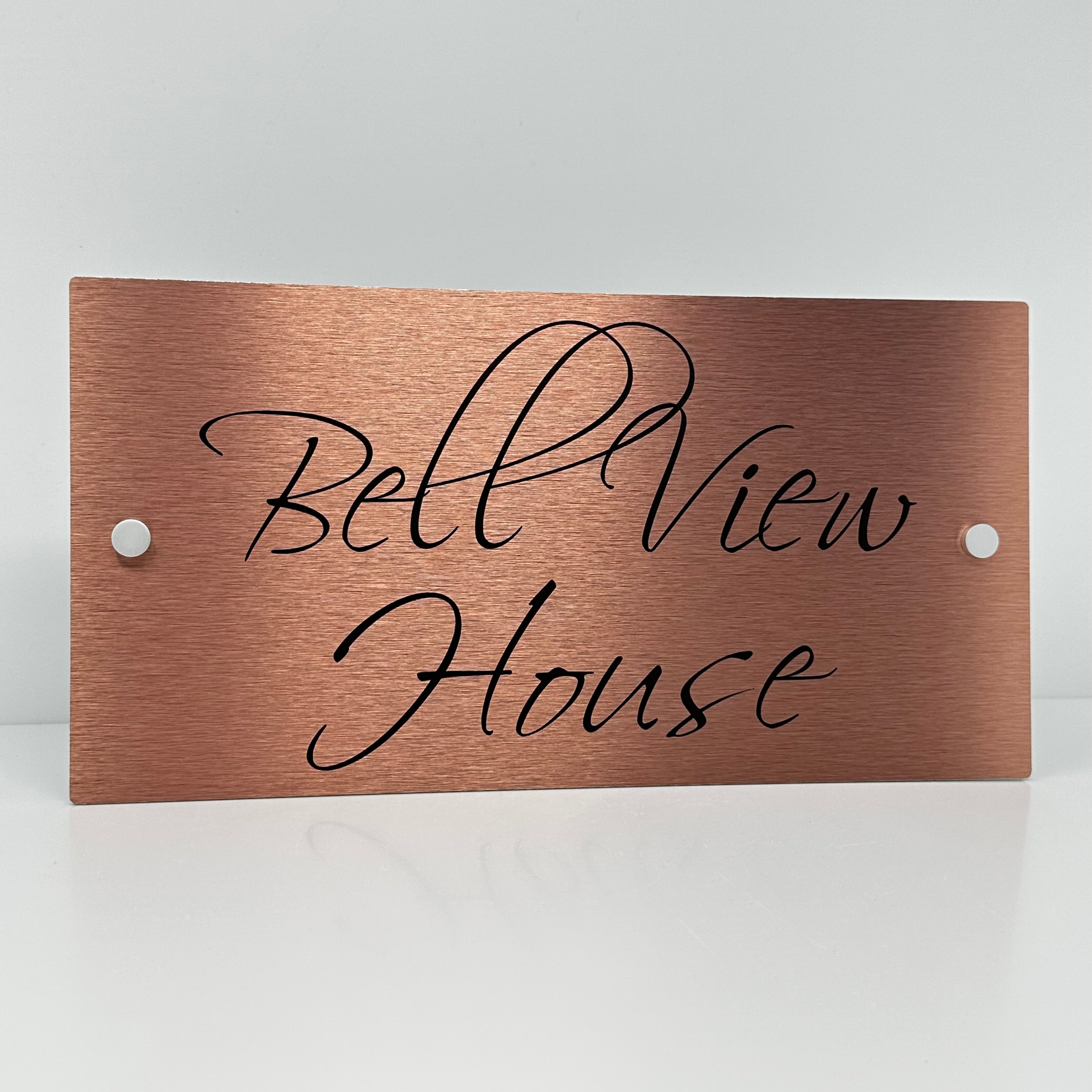 The Bell View Modern House Sign with a Brushed Copper Panel and Satin Silver Stand Off Fixings ( Size - 35cm x 18cm )