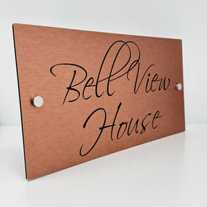 The Bell View Modern House Sign with a Brushed Copper Panel and Satin Silver Stand Off Fixings ( Size - 35cm x 18cm )