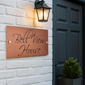 The Bell View Modern House Sign with a Brushed Copper Panel and Satin Silver Stand Off Fixings ( Size - 35cm x 18cm )
