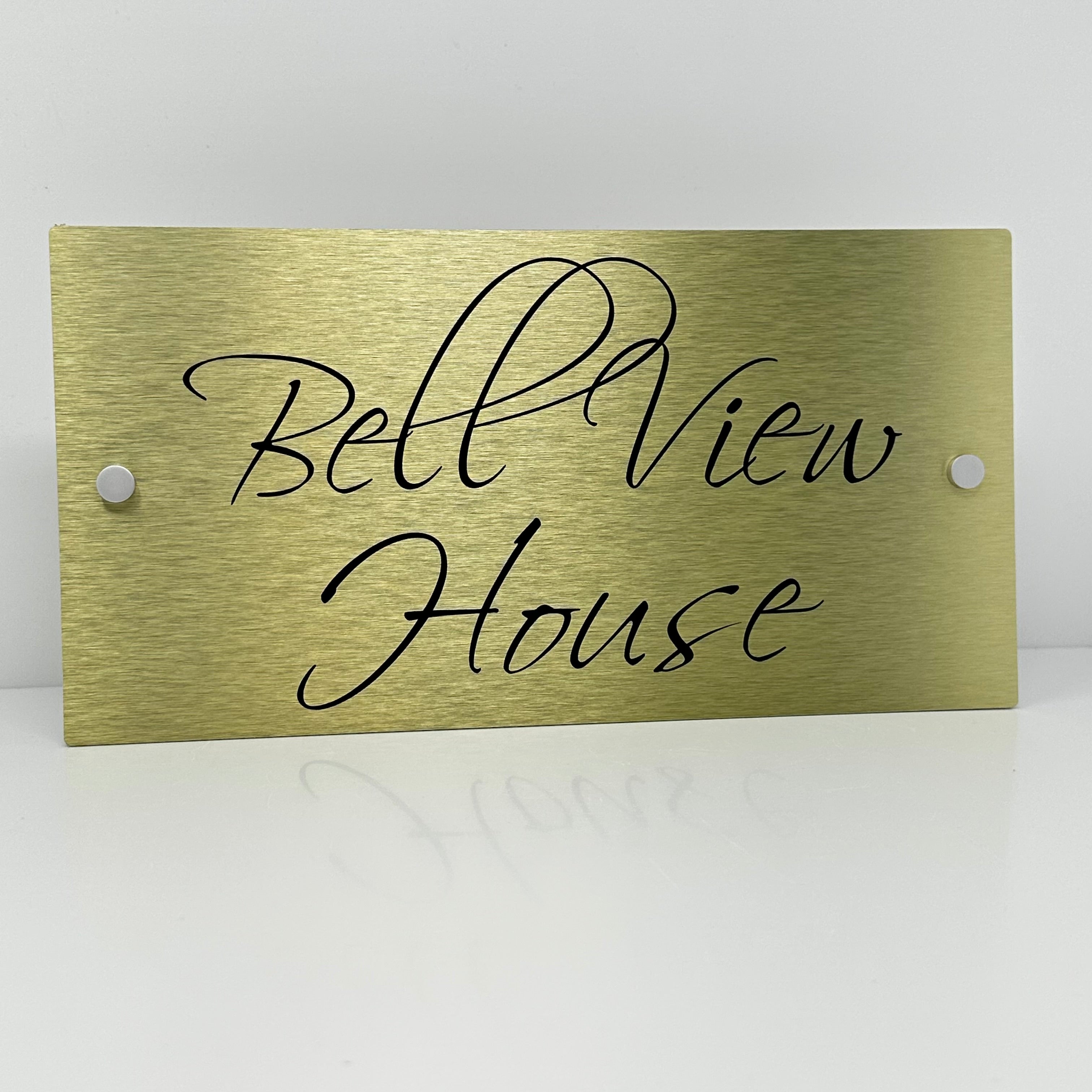 The Bell View Modern House Sign with a Brushed Gold Panel and Satin Silver Stand Off Fixings ( Size - 35cm x 18cm )