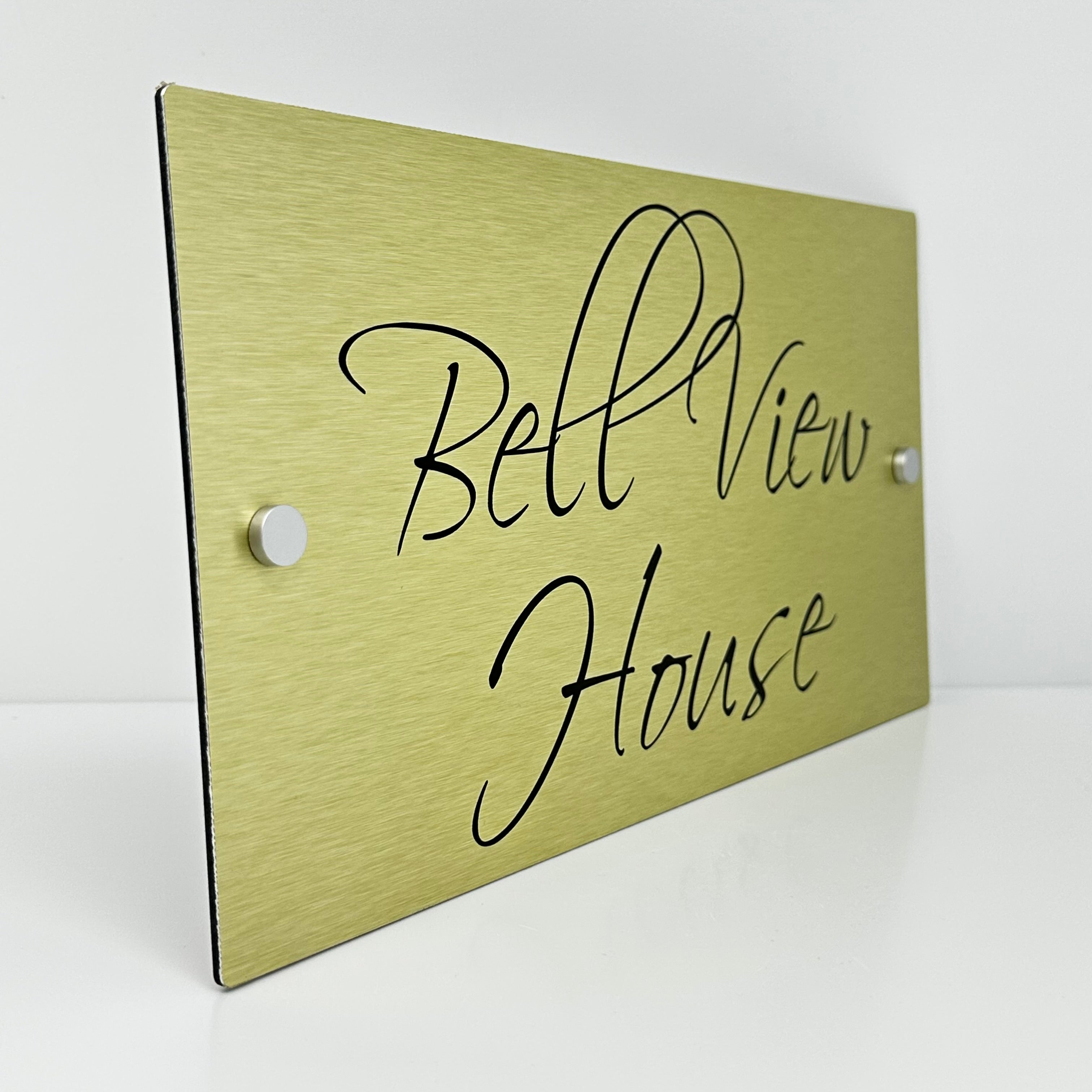 The Bell View Modern House Sign with a Brushed Gold Panel and Satin Silver Stand Off Fixings ( Size - 35cm x 18cm )