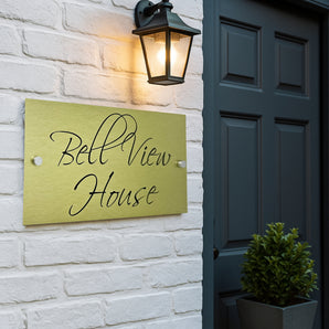 The Bell View Modern House Sign with a Brushed Gold Panel and Satin Silver Stand Off Fixings ( Size - 35cm x 18cm )