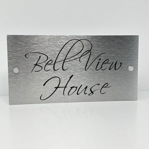 The Bell View Modern House Sign with a Brushed Silver Panel and Satin Silver Stand Off Fixings ( Size - 35cm x 18cm )