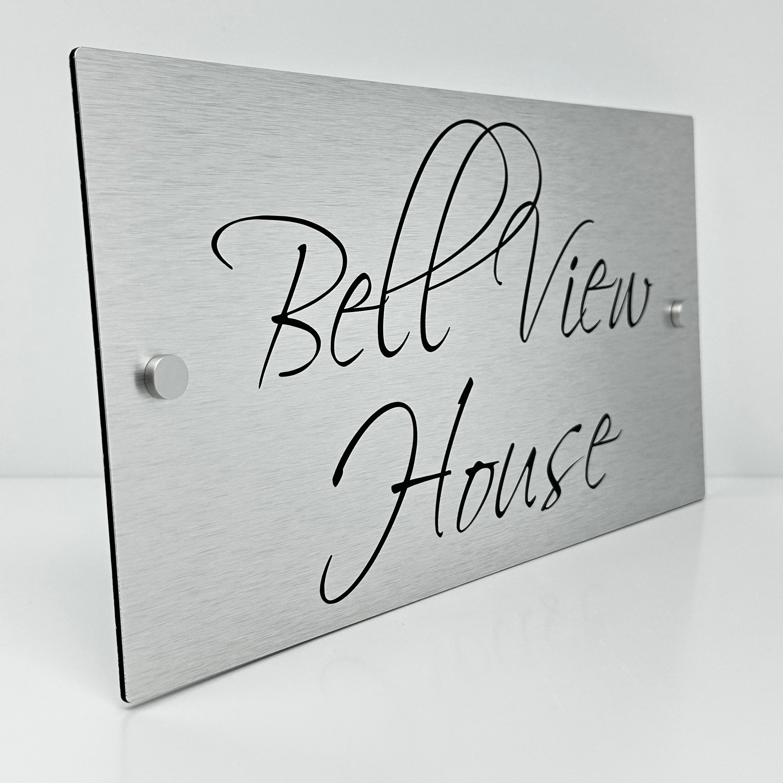 The Bell View Modern House Sign with a Brushed Silver Panel and Satin Silver Stand Off Fixings ( Size - 35cm x 18cm )