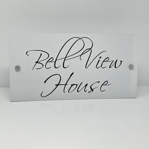 The Bell View Modern House Sign with a White Panel and Satin Silver Stand Off Fixings ( Size - 35cm x 18cm )