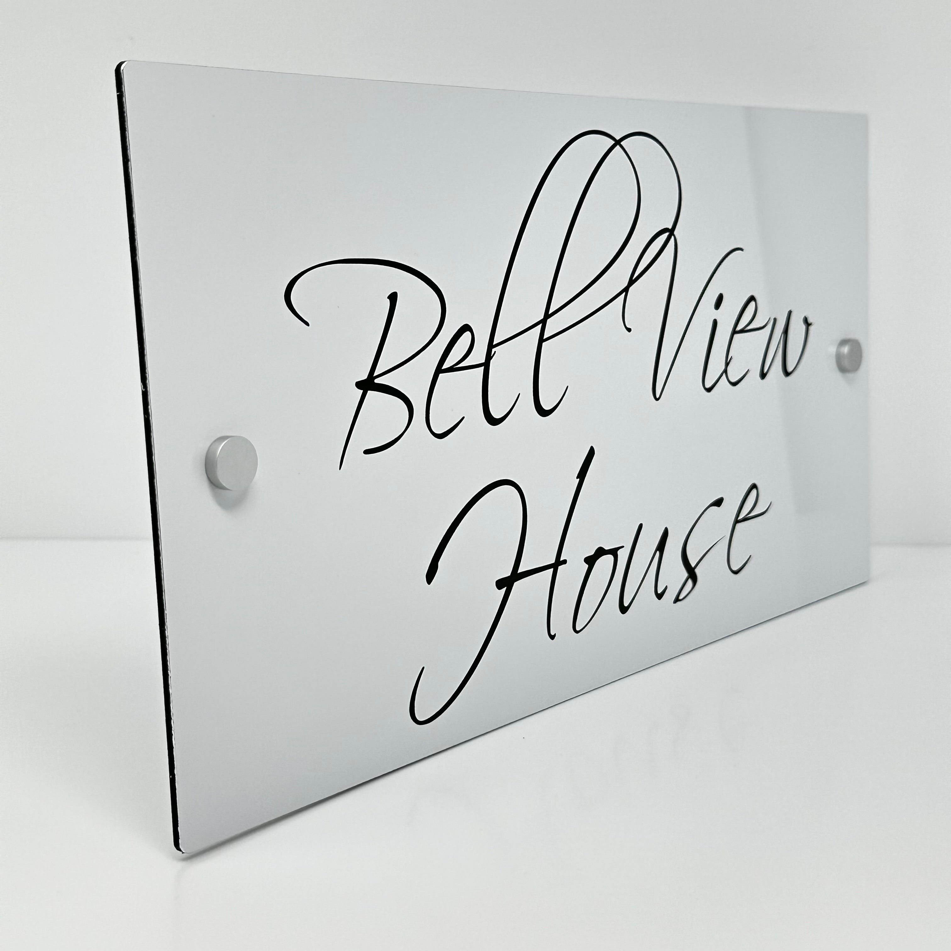The Bell View Modern House Sign with a White Panel and Satin Silver Stand Off Fixings ( Size - 35cm x 18cm )