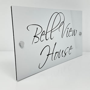 The Bell View Modern House Sign with a White Panel and Satin Silver Stand Off Fixings ( Size - 35cm x 18cm )