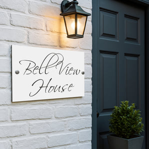 The Bell View Modern House Sign with a White Panel and Satin Silver Stand Off Fixings ( Size - 35cm x 18cm )