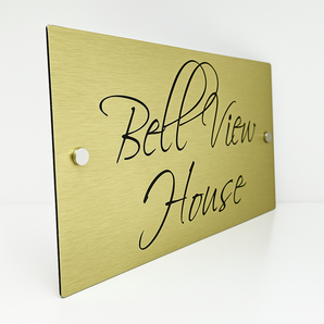 The Bell View Modern House Sign with a Brushed Gold Panel and Satin Silver Stand Off Fixings ( Size - 35cm x 18cm )