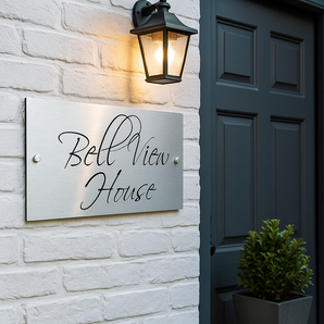 The Bell View Modern House Sign with a Brushed Silver Panel and Satin Silver Stand Off Fixings ( Size - 35cm x 18cm )