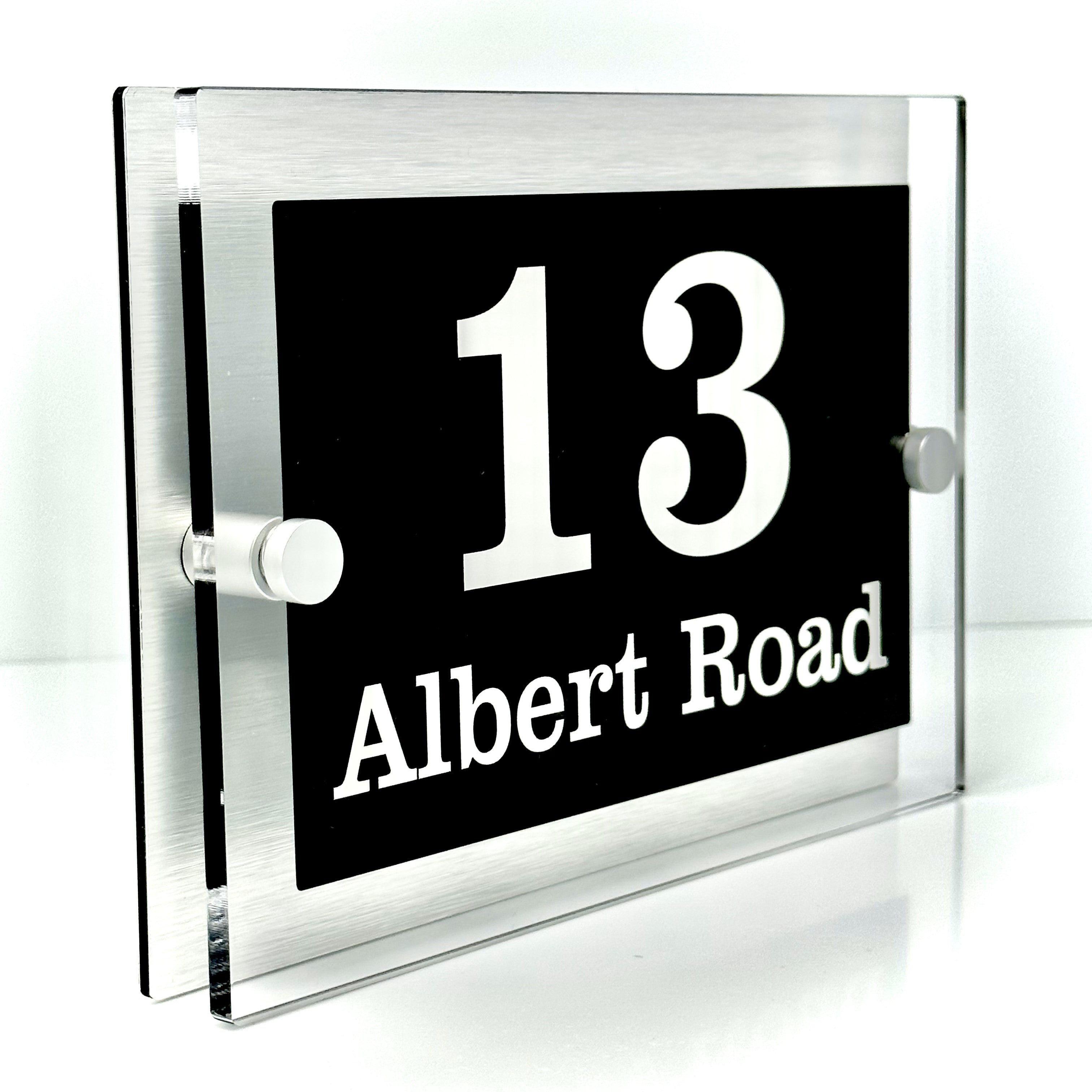 The Albert Modern House Sign with Perspex Acrylic Front, Silver Rear Panel and Satin Silver Stand Off Fixings ( Size - 20cm x 14cm )