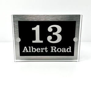 The Albert Modern House Sign with Perspex Acrylic Front, Silver Rear Panel and Satin Silver Stand Off Fixings ( Size - 20cm x 14cm )