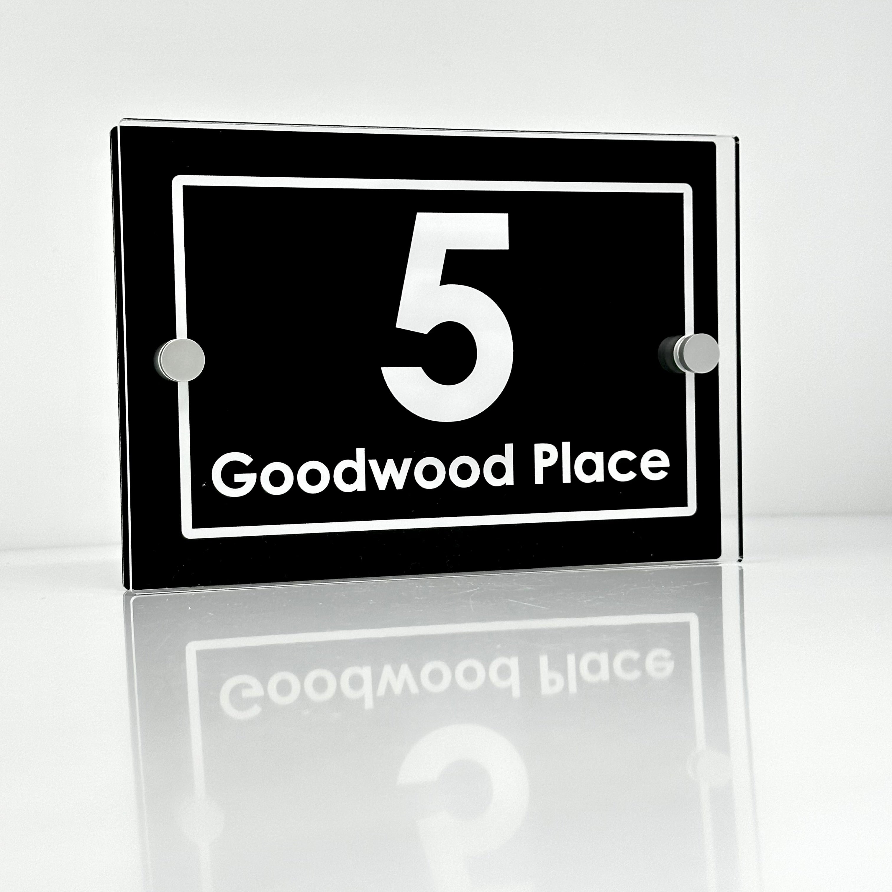 The Goodwood Modern House Sign with Perspex Acrylic Front, Black Rear Panel and Satin Silver Stand Off Fixings ( Size - 20cm x 14cm )