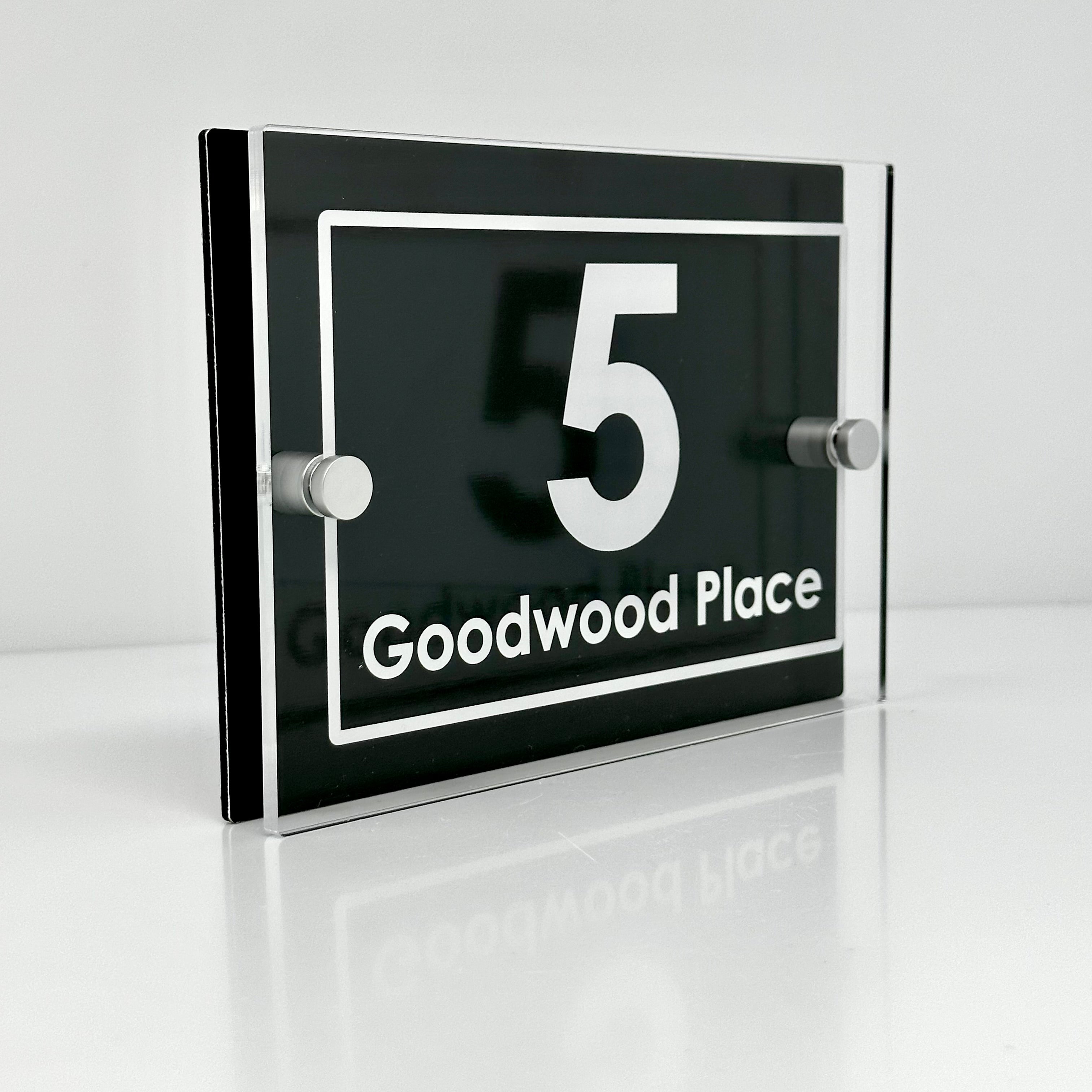 The Goodwood Modern House Sign with Perspex Acrylic Front, Black Rear Panel and Satin Silver Stand Off Fixings ( Size - 20cm x 14cm )