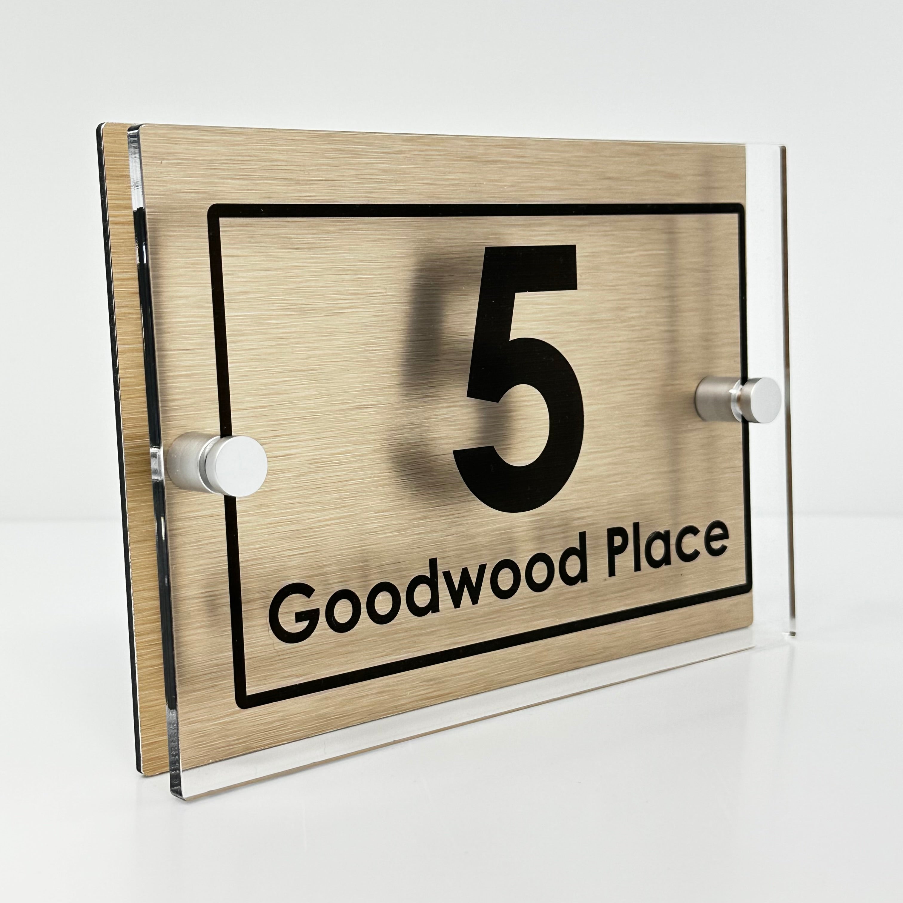 The Goodwood Modern House Sign with Perspex Acrylic Front, Brass Rear Panel and Satin Silver Stand Off Fixings ( Size - 20cm x 14cm )