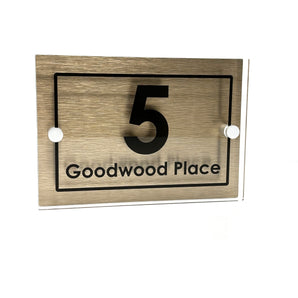 The Goodwood Modern House Sign with Perspex Acrylic Front, Brass Rear Panel and Satin Silver Stand Off Fixings ( Size - 20cm x 14cm )