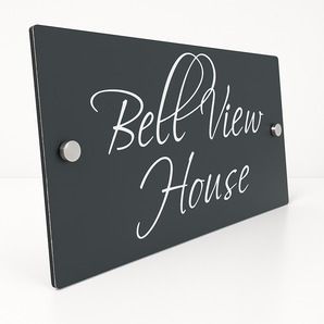 The Bell View Modern House Sign with a Anthracite Grey Panel and Satin Silver Stand Off Fixings ( Size - 35cm x 18cm )