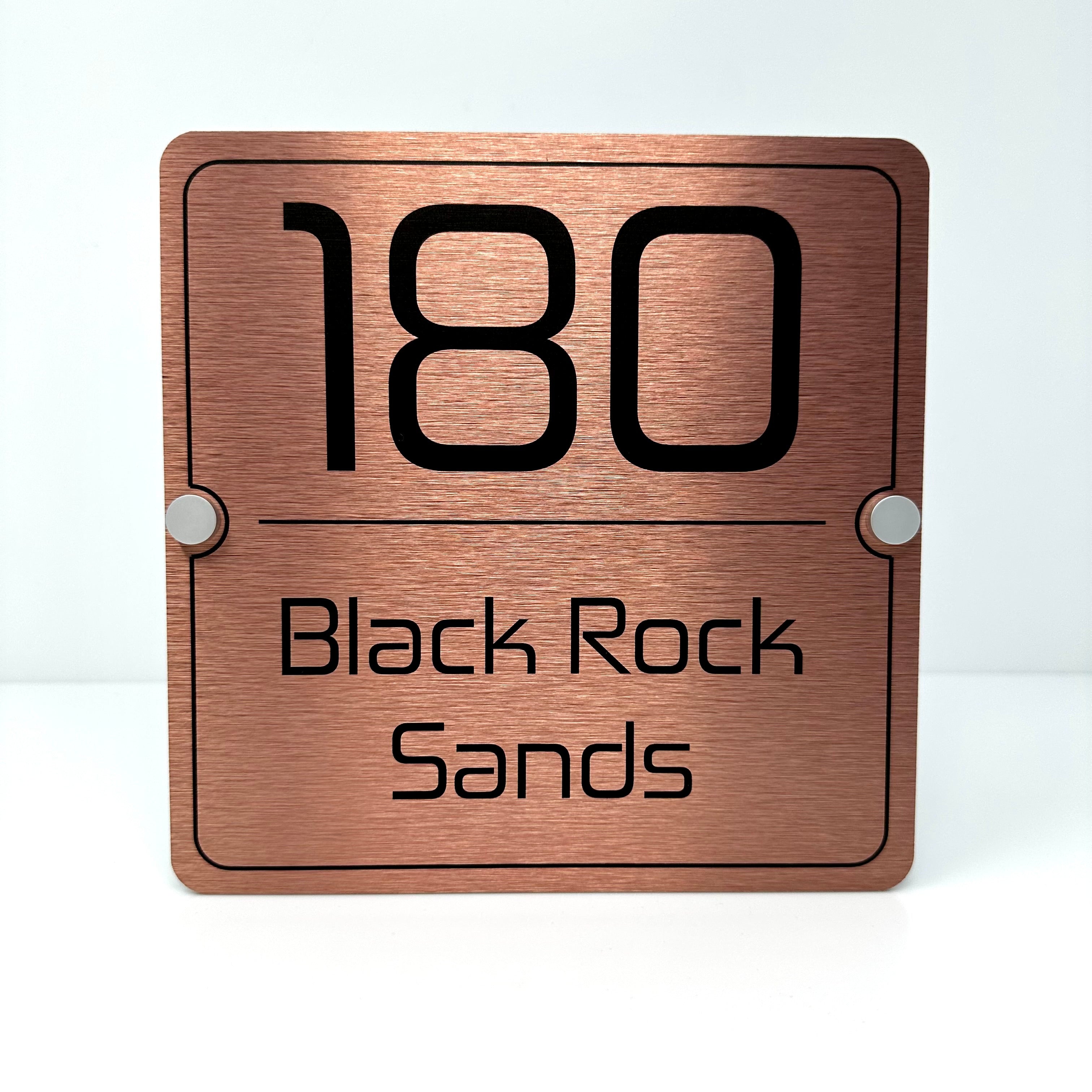 The Black Rock Sands Modern House Sign with a Brushed Copper Panel and Satin Silver Stand Off Fixings ( Size - 20cm x 20cm )