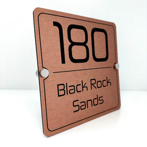 The Black Rock Sands Modern House Sign with a Brushed Copper Panel and Satin Silver Stand Off Fixings ( Size - 20cm x 20cm )