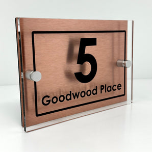 The Goodwood Modern House Sign with Perspex Acrylic Front, Copper Rear Panel and Satin Silver Stand Off Fixings ( Size - 20cm x 14cm )