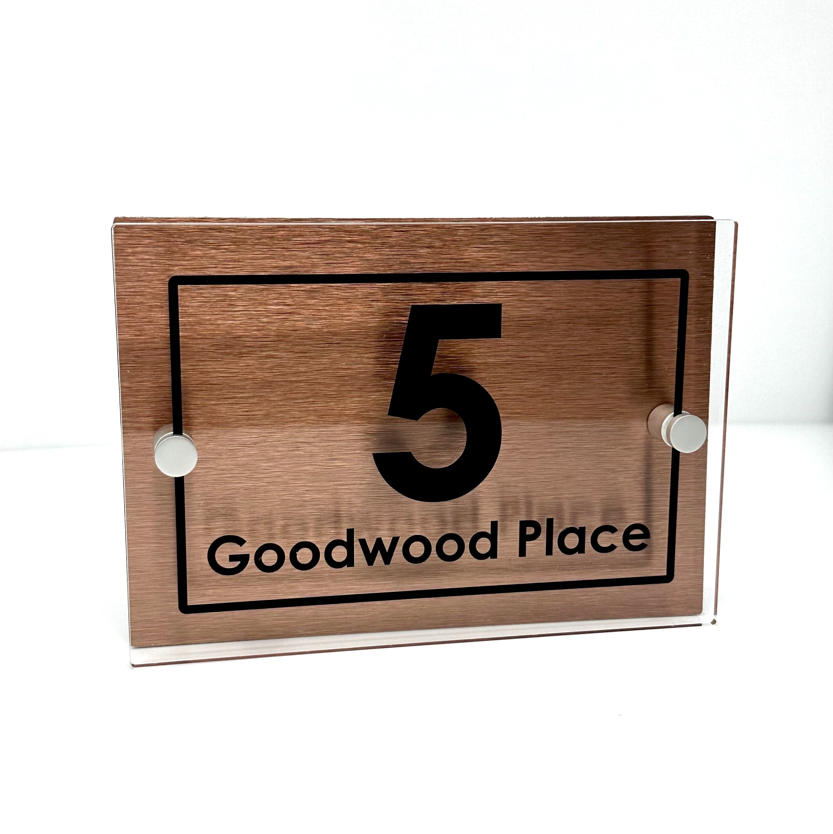 The Goodwood Modern House Sign with Perspex Acrylic Front, Copper Rear Panel and Satin Silver Stand Off Fixings ( Size - 20cm x 14cm )