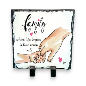 Family Slate Plaque 15 × 15 cm – “Family Where Life Begins & Love Never Ends” Decorative Home Décor & Gift