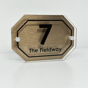 The Fieldway Modern House Sign with Perspex Acrylic Front, Brass Rear Panel and Satin Silver Stand Off Fixings ( Size - 20cm x 14cm )