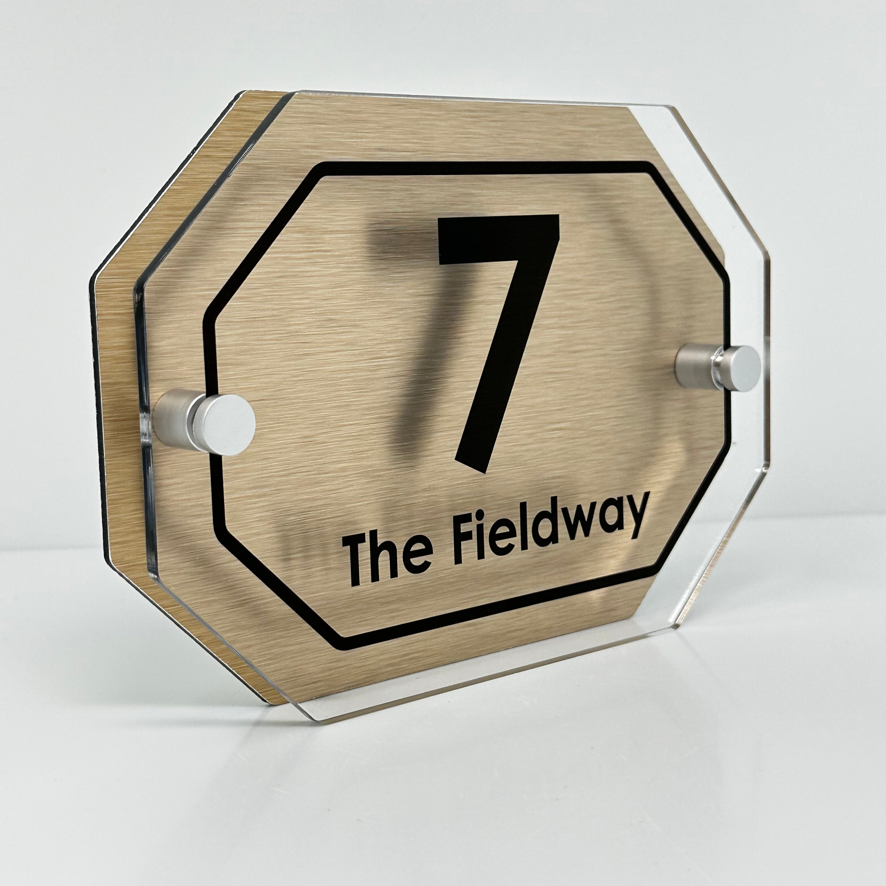 The Fieldway Modern House Sign with Perspex Acrylic Front, Brass Rear Panel and Satin Silver Stand Off Fixings ( Size - 20cm x 14cm )