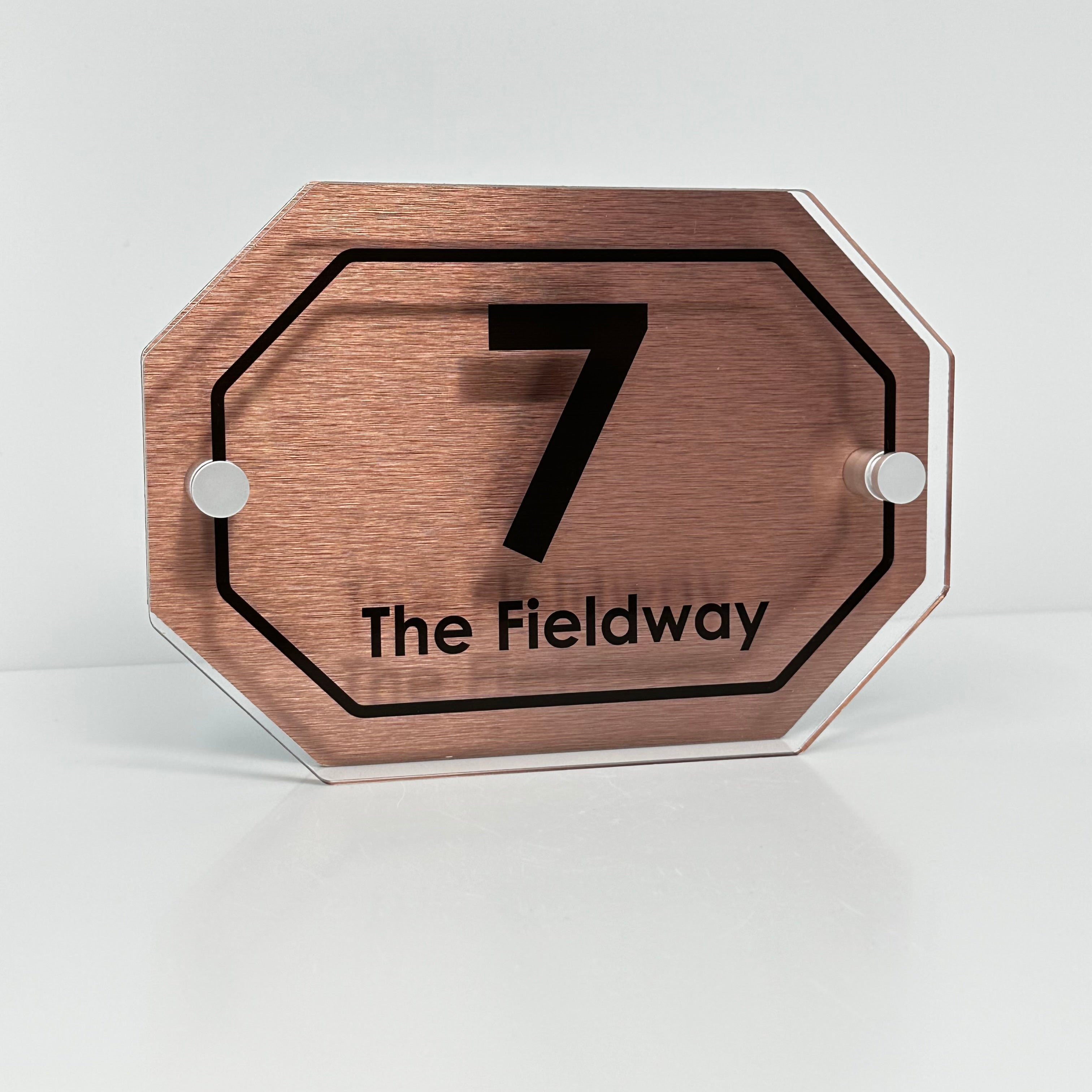 The Fieldway Modern House Sign with Perspex Acrylic Front, Copper Rear Panel and Satin Silver Stand Off Fixings ( Size - 20cm x 14cm )