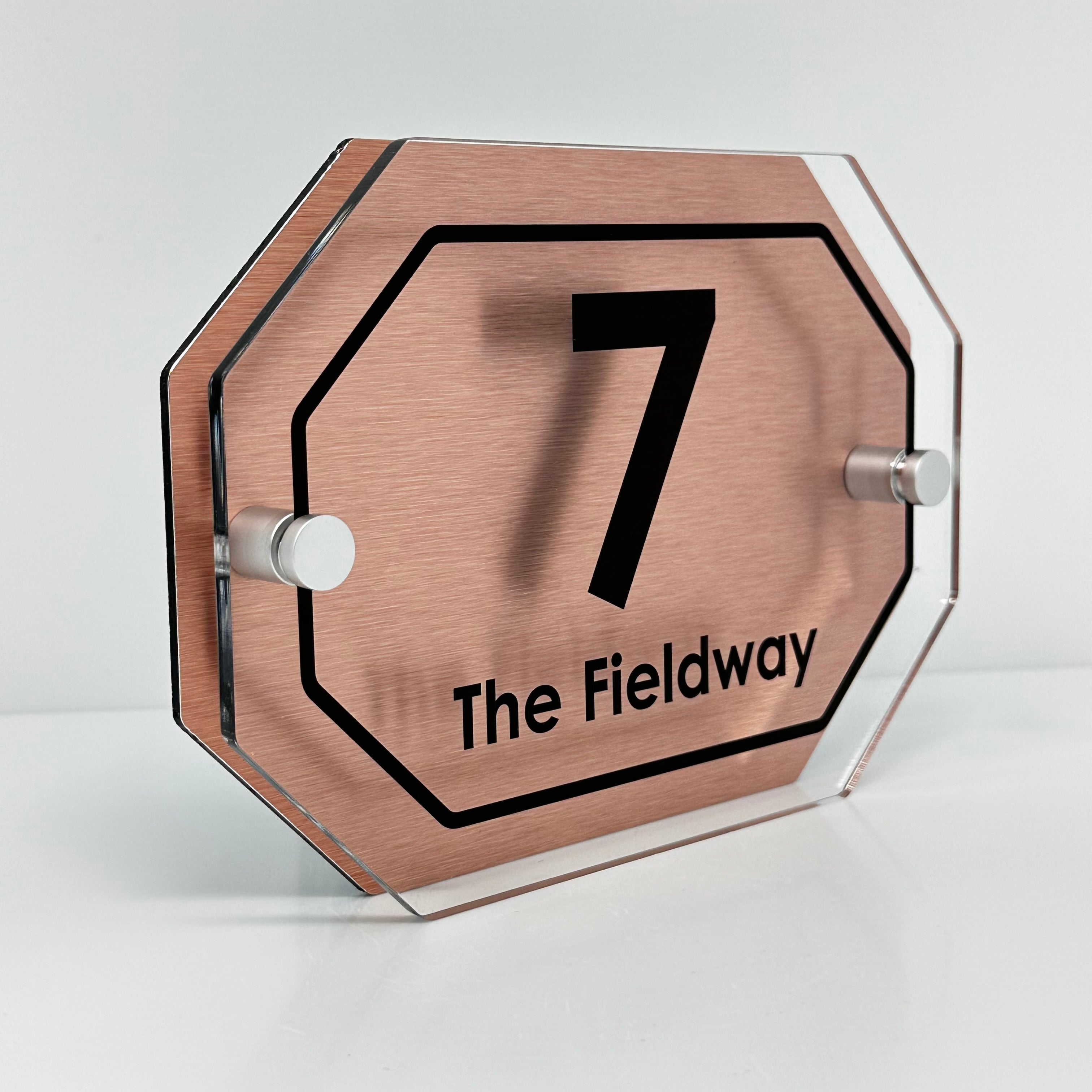 The Fieldway Modern House Sign with Perspex Acrylic Front, Copper Rear Panel and Satin Silver Stand Off Fixings ( Size - 20cm x 14cm )