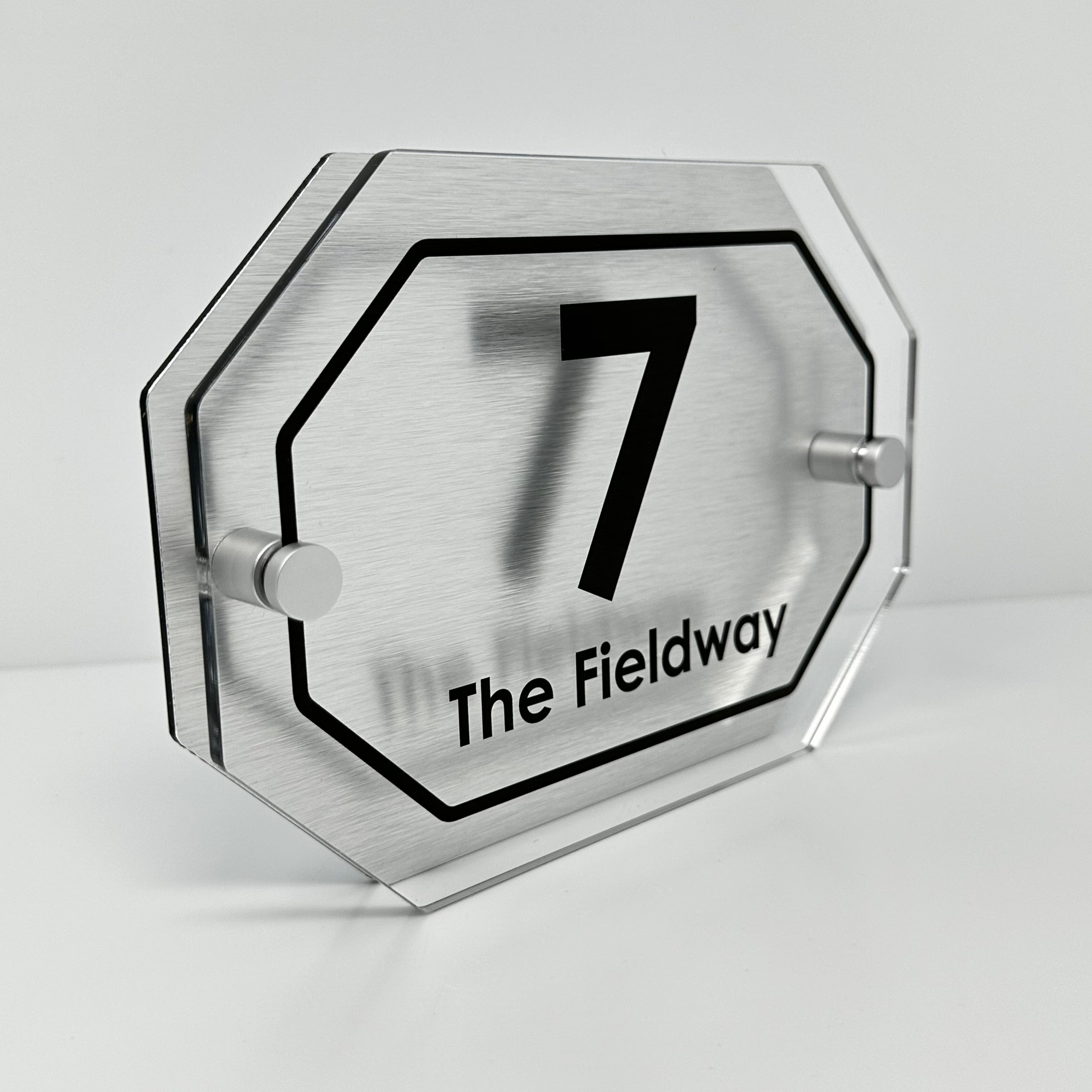 The Fieldway Modern House Sign with Perspex Acrylic Front, Silver Rear Panel and Satin Silver Stand Off Fixings ( Size - 20cm x 14cm )