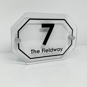 The Fieldway Modern House Sign with Perspex Acrylic Front, White Rear Panel and Satin Silver Stand Off Fixings ( Size - 20cm x 14cm )