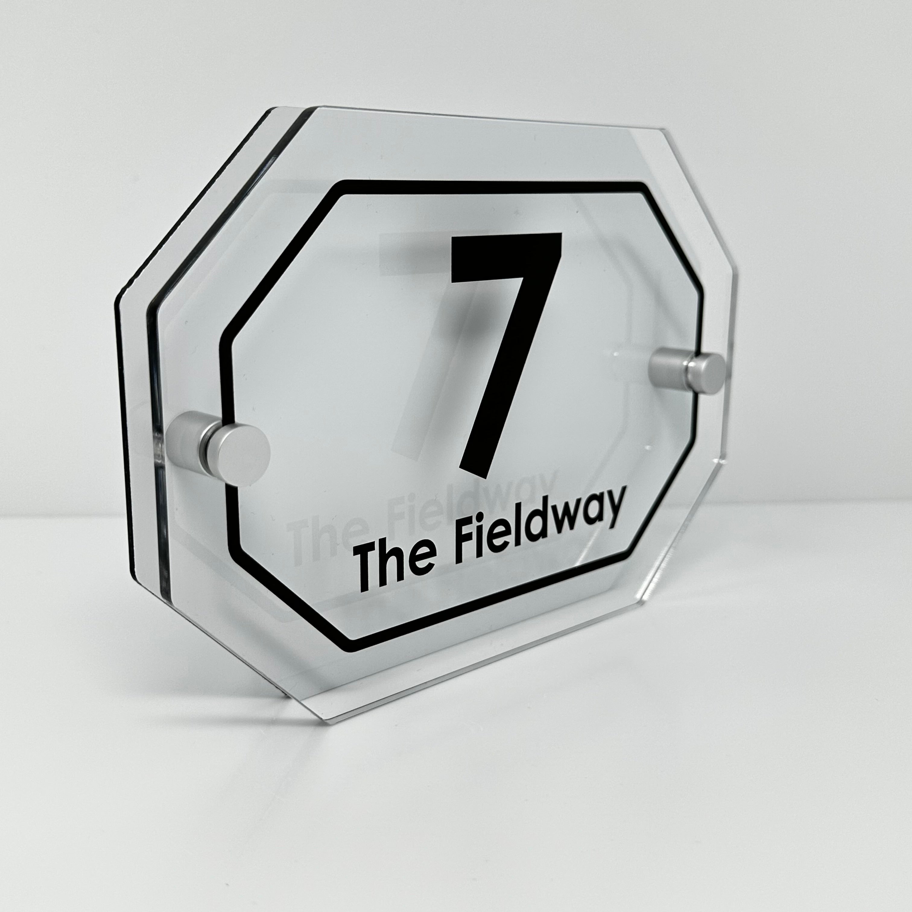 The Fieldway Modern House Sign with Perspex Acrylic Front, White Rear Panel and Satin Silver Stand Off Fixings ( Size - 20cm x 14cm )