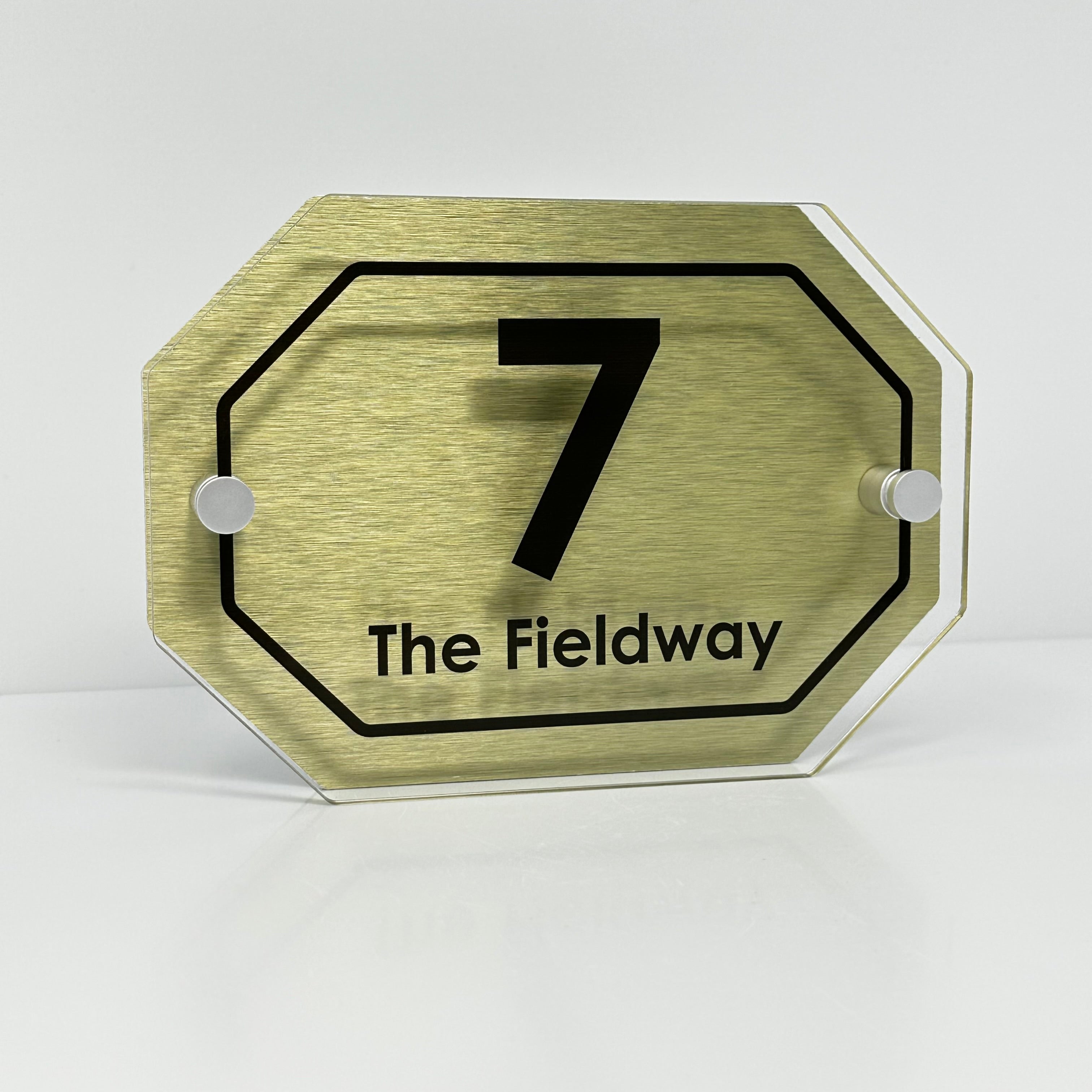 The Fieldway Modern House Sign with Perspex Acrylic Front, Gold Rear Panel and Satin Silver Stand Off Fixings ( Size - 20cm x 14cm )