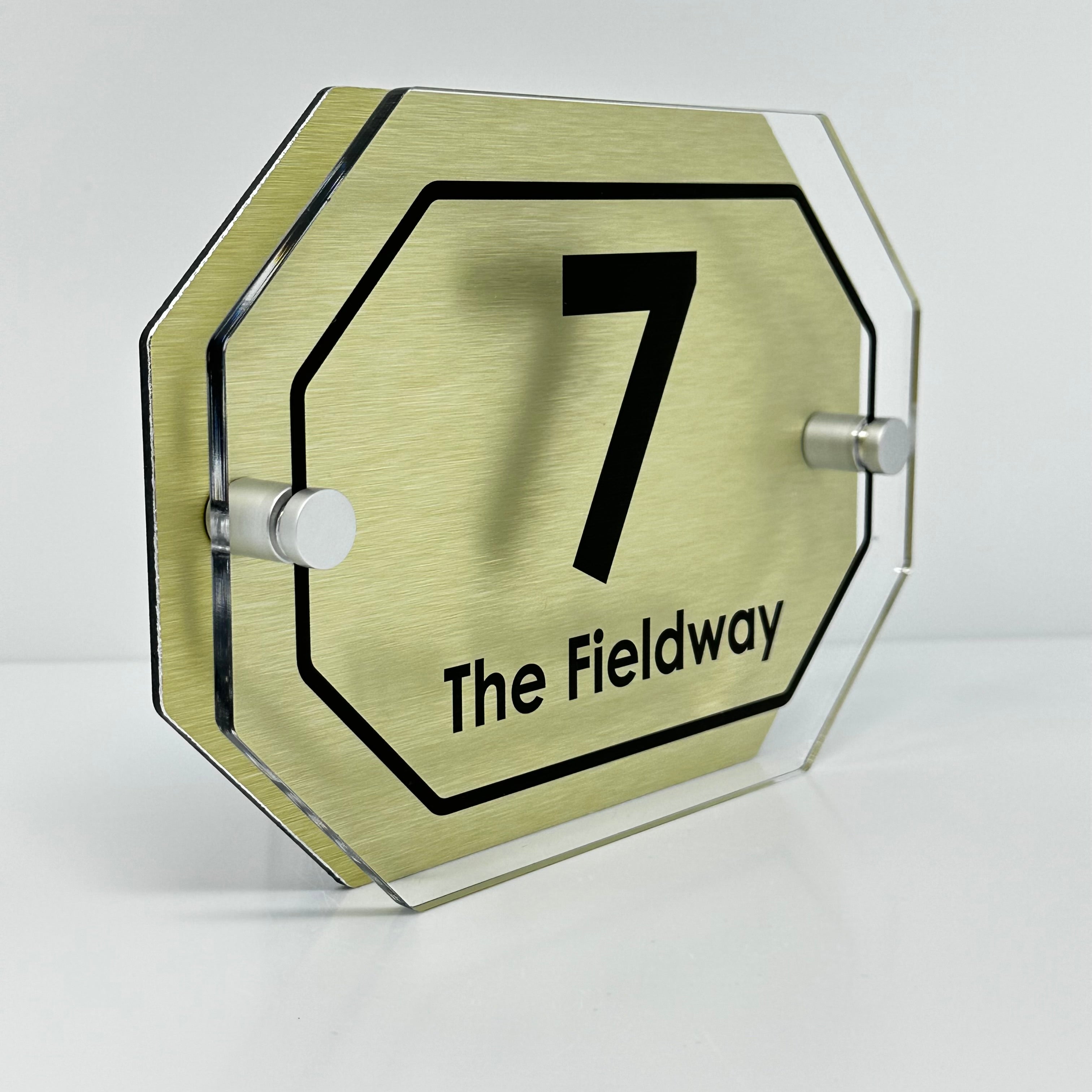 The Fieldway Modern House Sign with Perspex Acrylic Front, Gold Rear Panel and Satin Silver Stand Off Fixings ( Size - 20cm x 14cm )