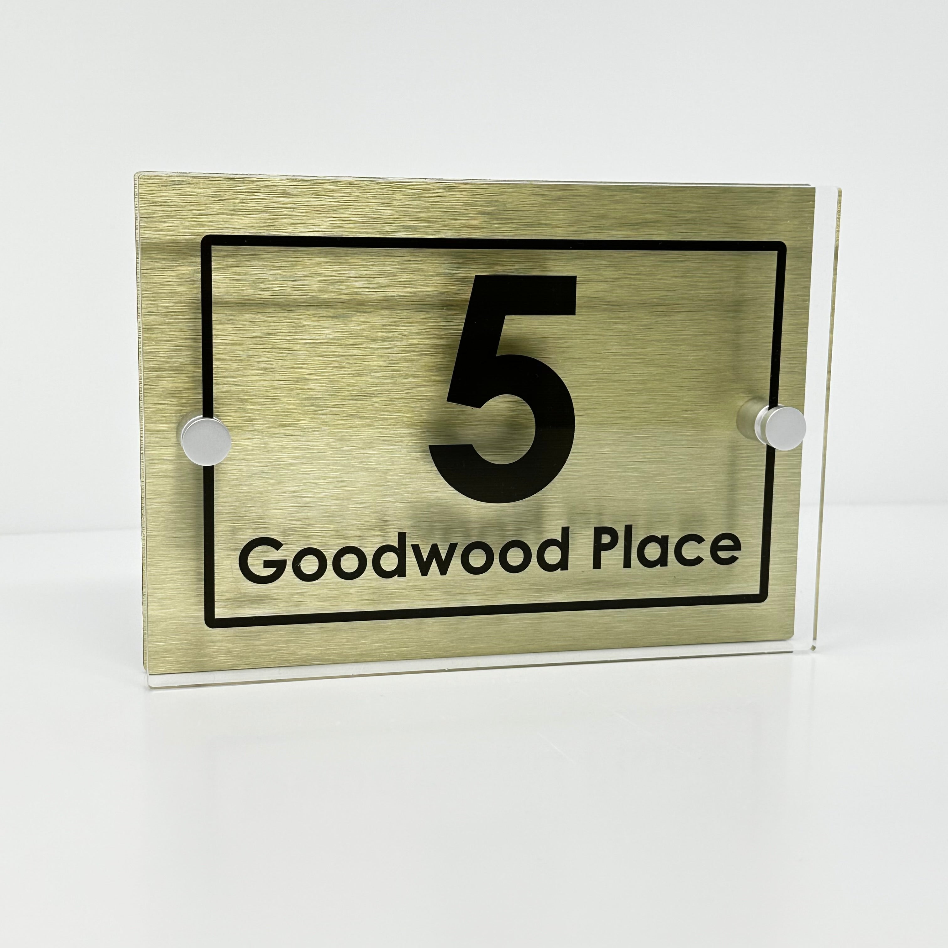 The Goodwood Modern House Sign with Perspex Acrylic Front, Gold Rear Panel and Satin Silver Stand Off Fixings ( Size - 20cm x 14cm )