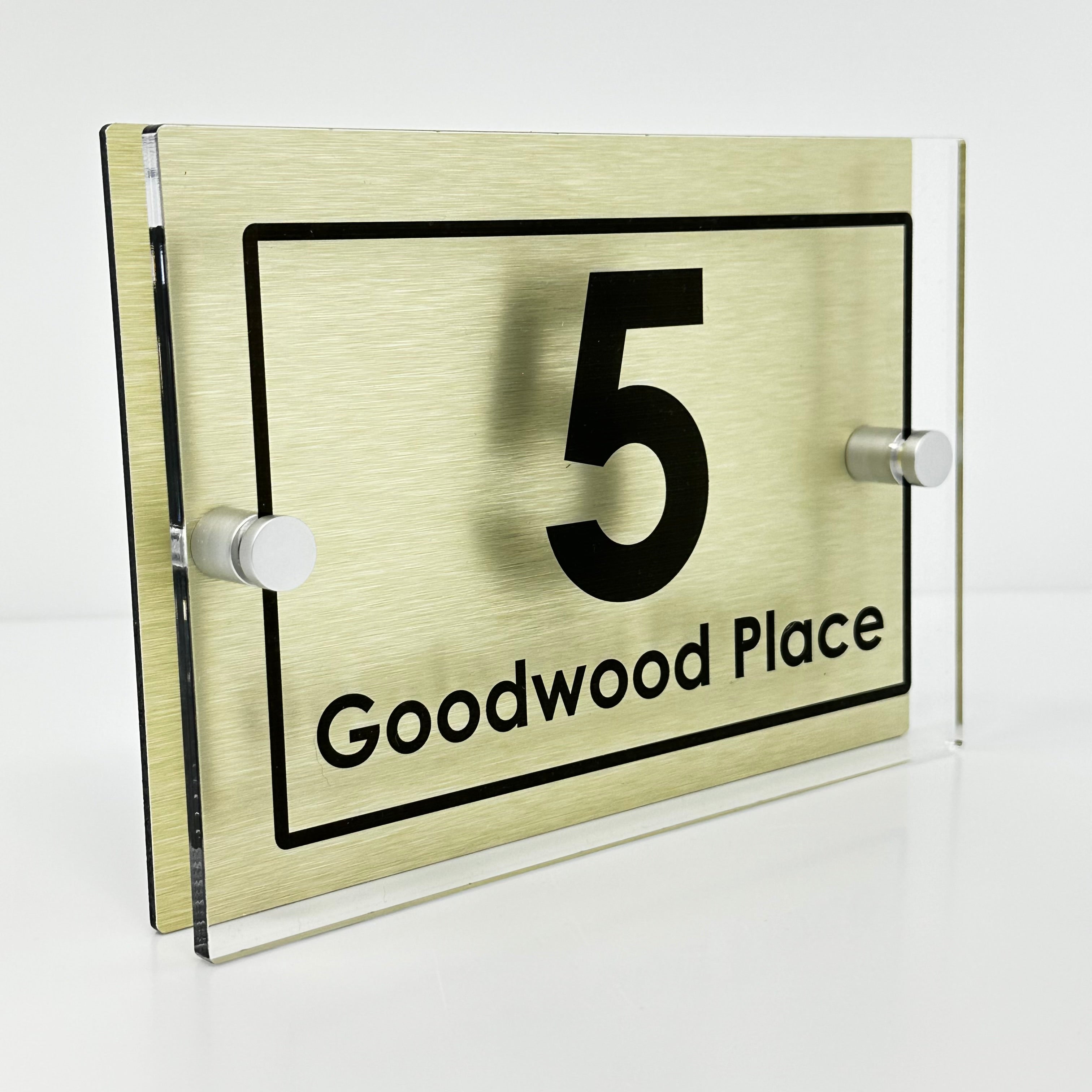 The Goodwood Modern House Sign with Perspex Acrylic Front, Gold Rear Panel and Satin Silver Stand Off Fixings ( Size - 20cm x 14cm )