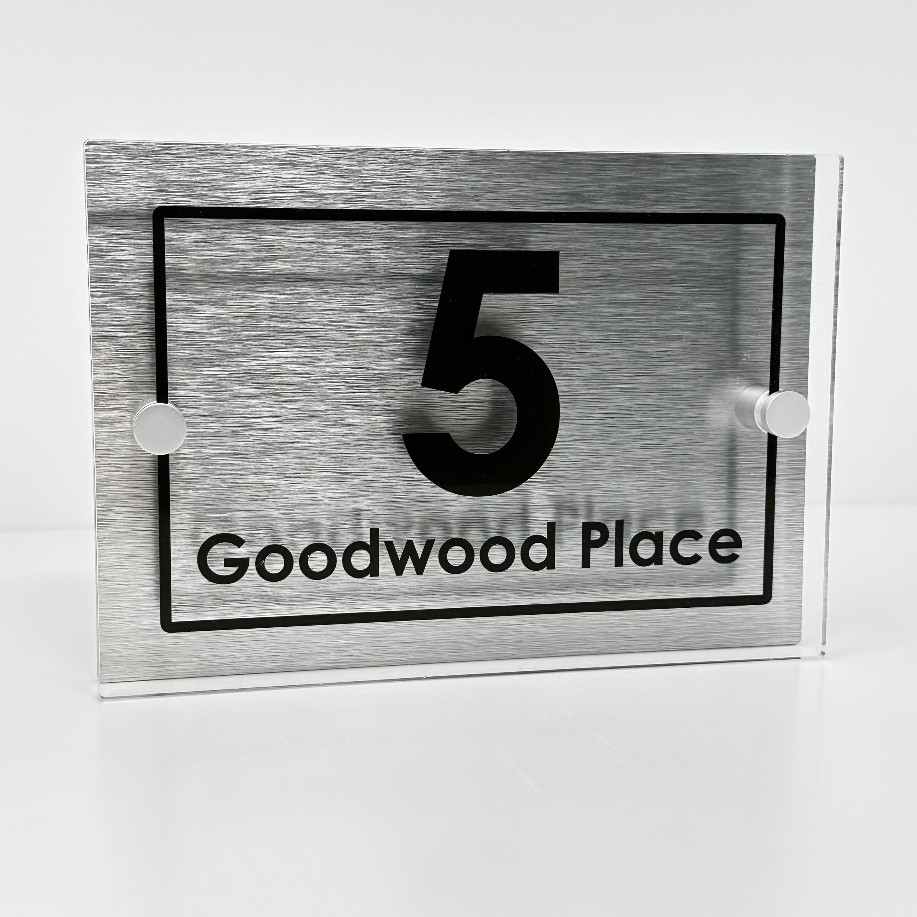 The Goodwood Modern House Sign with Perspex Acrylic Front, Silver Rear Panel and Satin Silver Stand Off Fixings ( Size - 20cm x 14cm )