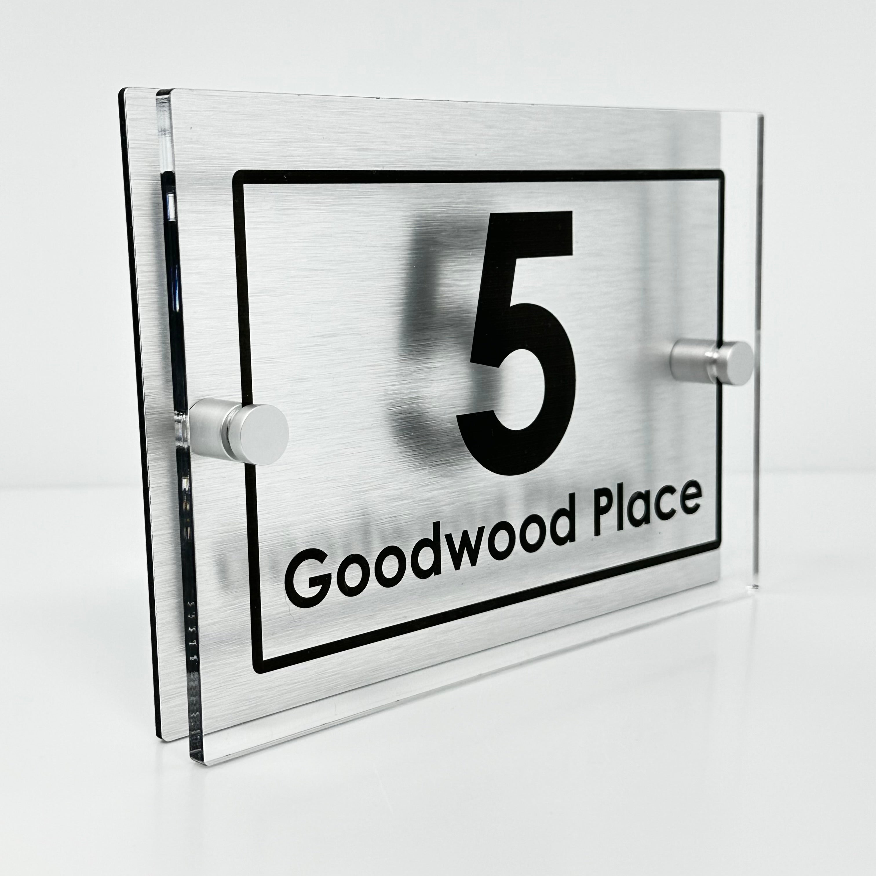 The Goodwood Modern House Sign with Perspex Acrylic Front, Silver Rear Panel and Satin Silver Stand Off Fixings ( Size - 20cm x 14cm )