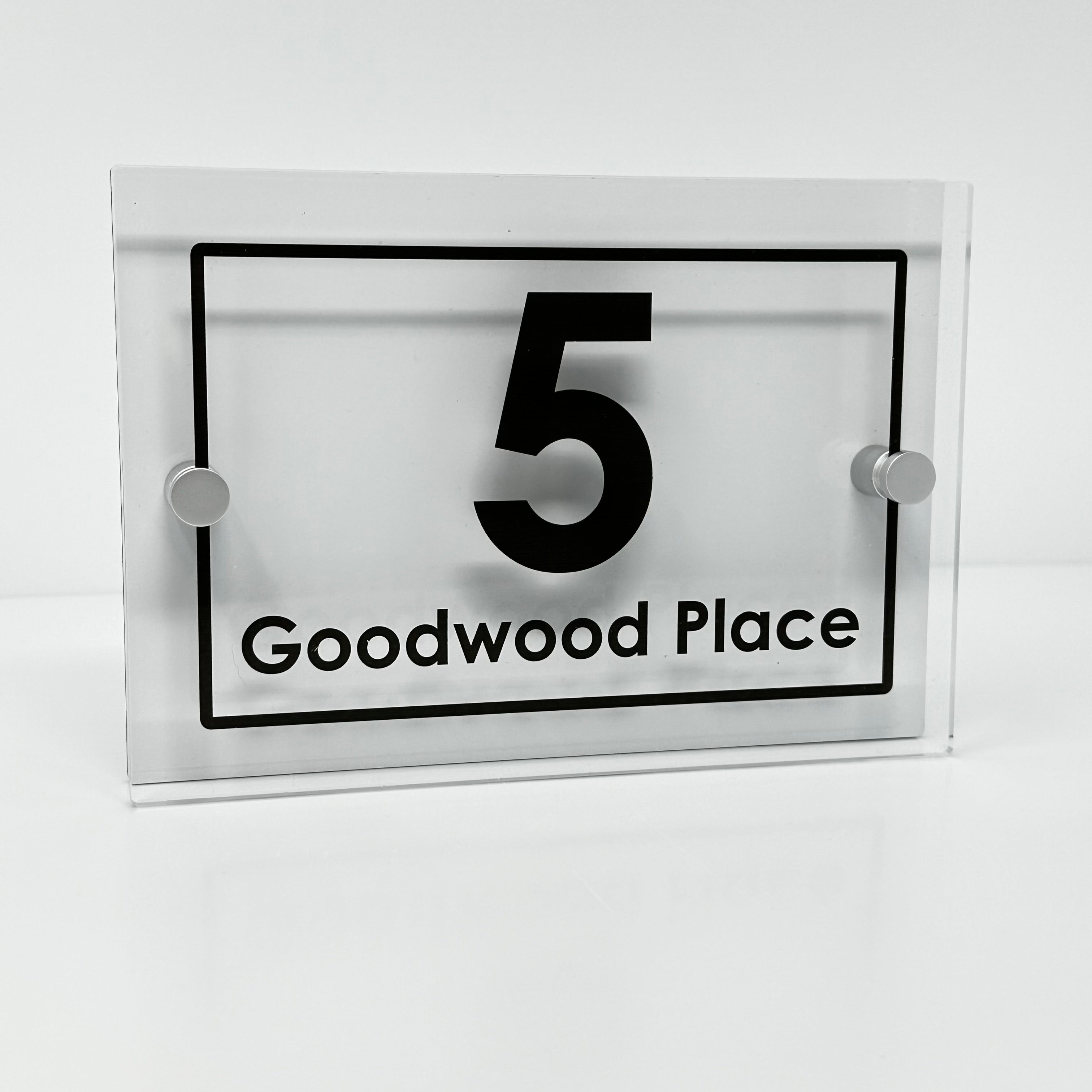The Goodwood Modern House Sign with Perspex Acrylic Front, White Rear Panel and Satin Silver Stand Off Fixings ( Size - 20cm x 14cm )