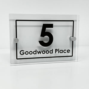 The Goodwood Modern House Sign with Perspex Acrylic Front, White Rear Panel and Satin Silver Stand Off Fixings ( Size - 20cm x 14cm )