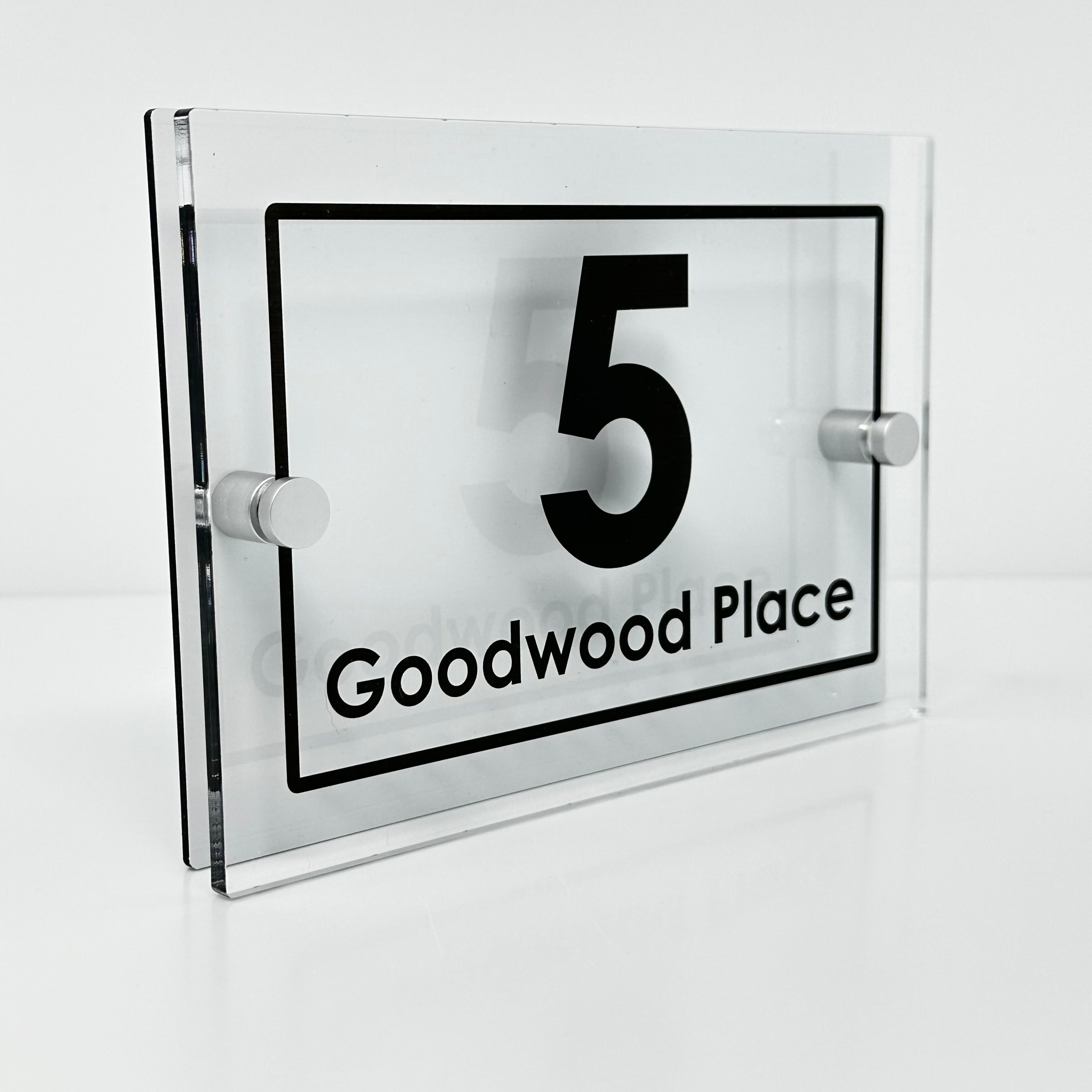 The Goodwood Modern House Sign with Perspex Acrylic Front, White Rear Panel and Satin Silver Stand Off Fixings ( Size - 20cm x 14cm )