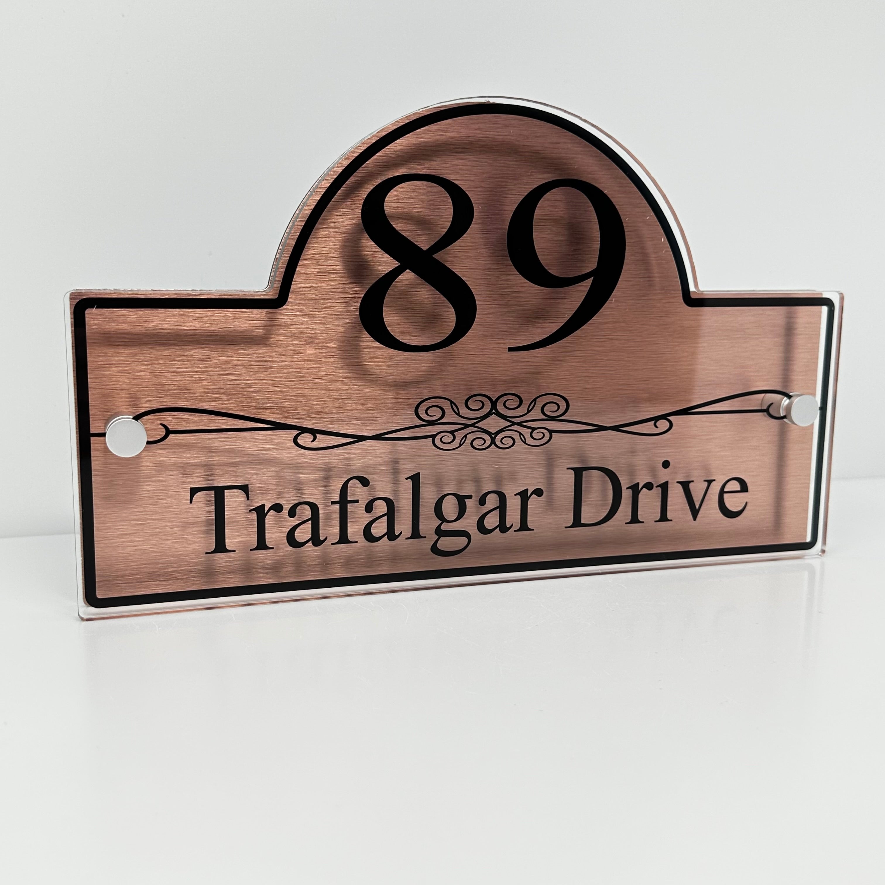 The Trafalgar Modern House Sign with Perspex Acrylic Front, Copper Rear Panel and Satin Silver Stand Off Fixings ( Size - 30cm x 18cm )