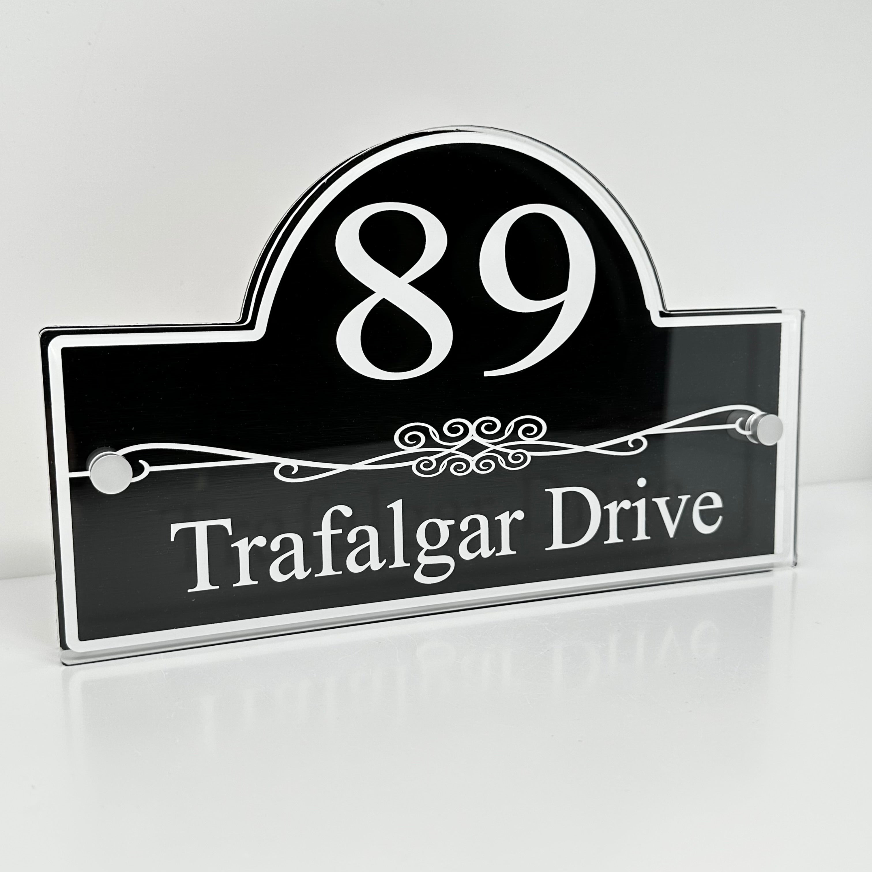 The Trafalgar Modern House Sign with Perspex Acrylic Front, Black Rear Panel and Satin Silver Stand Off Fixings ( Size - 30cm x 18cm )