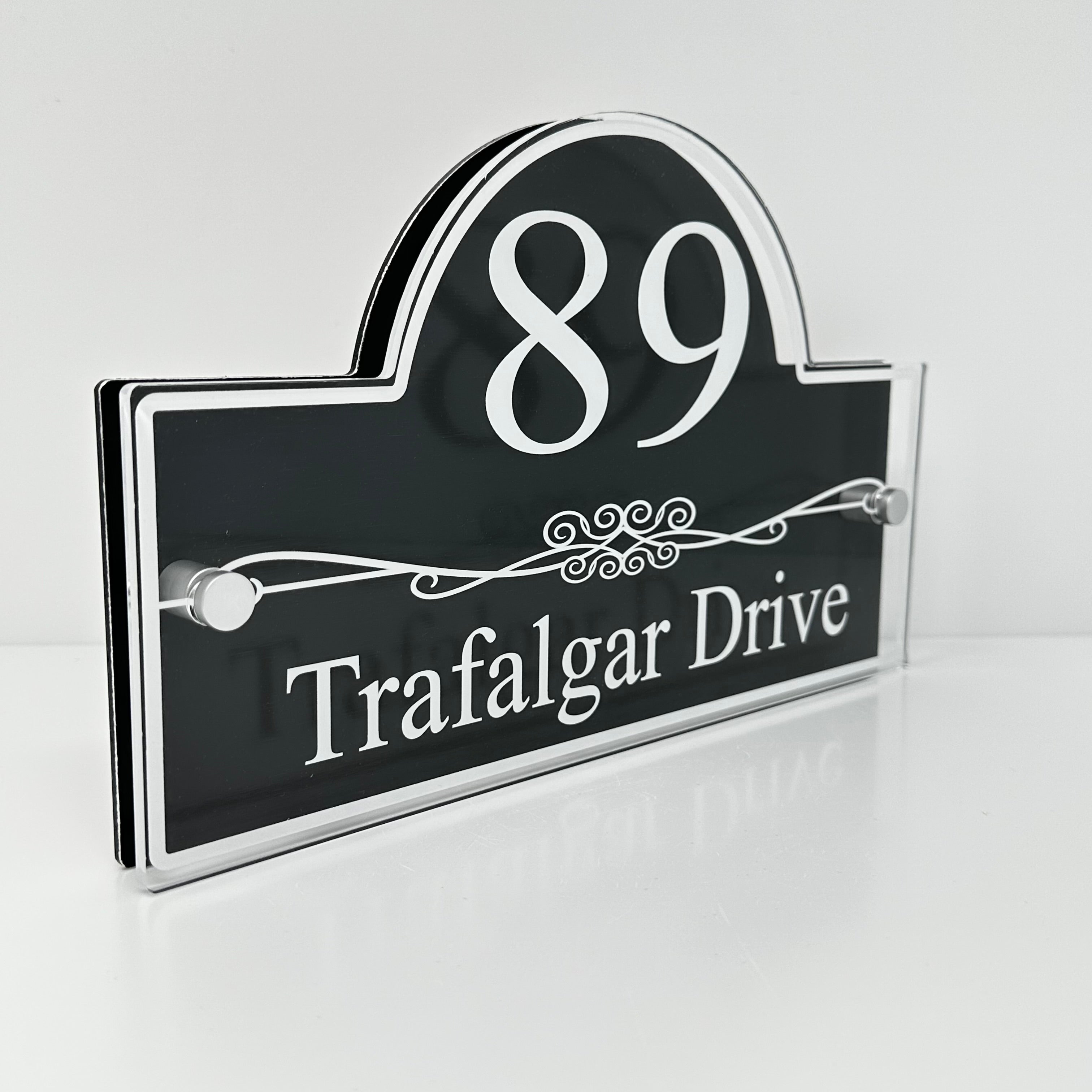 The Trafalgar Modern House Sign with Perspex Acrylic Front, Black Rear Panel and Satin Silver Stand Off Fixings ( Size - 30cm x 18cm )
