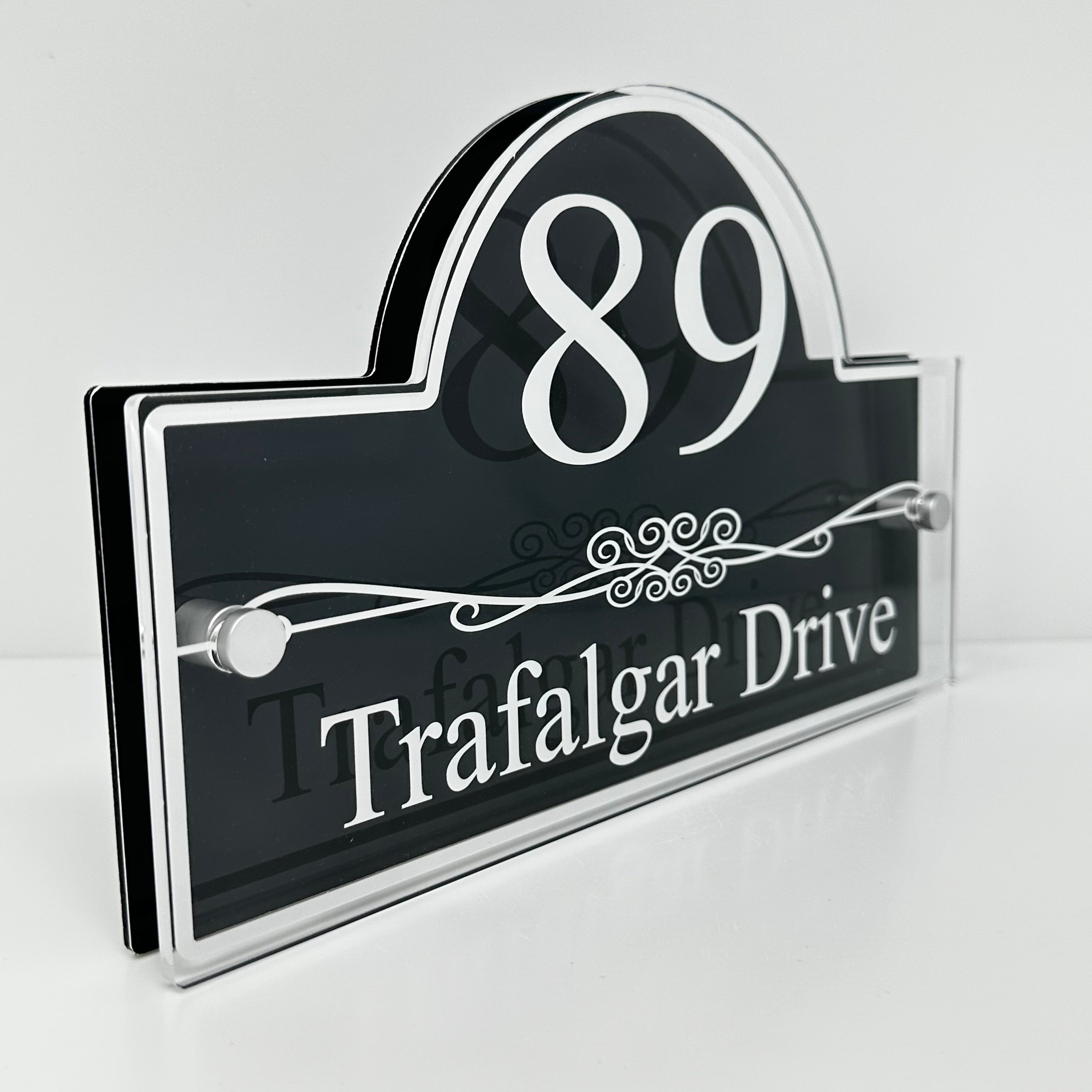 The Trafalgar Modern House Sign with Perspex Acrylic Front, Anthracite Grey Rear Panel and Satin Silver Stand Off Fixings ( Size - 30cm x 18cm )